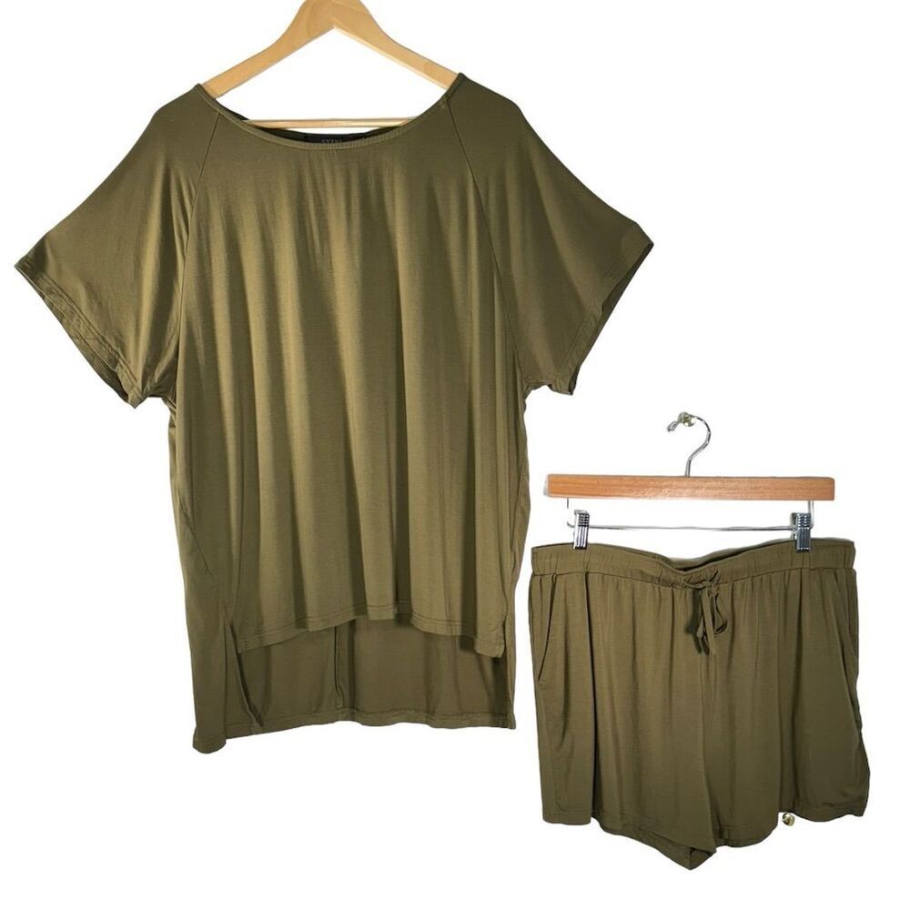 SYZRI Women's Olive Green Two Piece Lounge Set Short Sleeve Shirt & Shorts XL